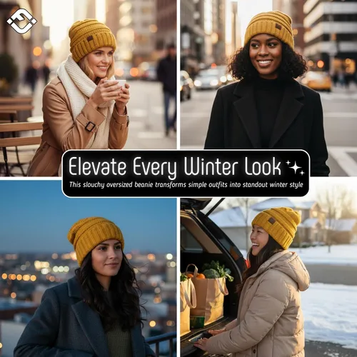 Vista 360 de Funky Junque Gorro de moda de punto trenzado de talla extragrande, grueso, abrigado, suave y holgado