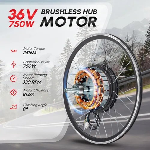 Vista 2 de PEXMOR Kit de conversión de bicicleta eléctrica, kit de conversión de bicicleta eléctrica de 36 V, 750 W, 24 pulgadas/20 pulgadas, rueda delantera