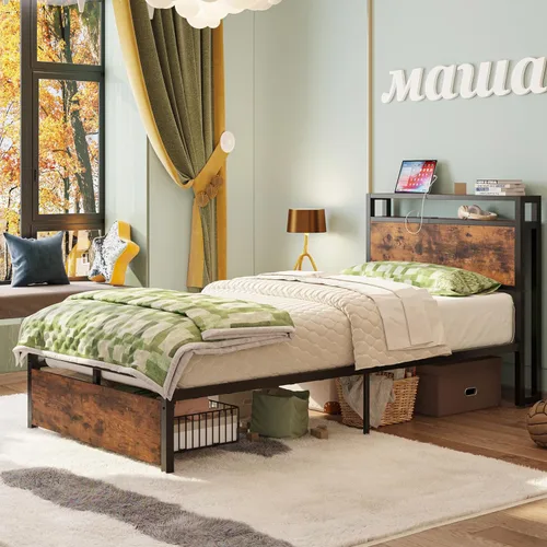 Vista 9 de LIKIMIO - Marco de cama individual con cajón y estación de carga, color marrón oscuro 2-Tier Storage Headboard with Metal Construction Frame, No