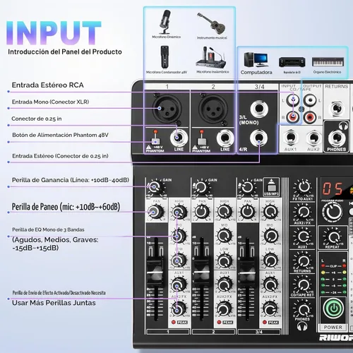 Vista 2 de Interfaz de audio de 4 canales, mezclador de DJ, tablero de sonido, efecto DSP de 16 bits, efectos de mezclador de audio USB, +48 V Phantom