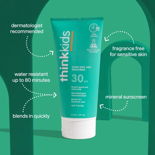 Vista 8 de Thinkkids SPF 30 - Protector solar mineral para niños, óxido de zinc transparente, 6 fl oz, natural, vegano, seguro para los arrecifes, resistente