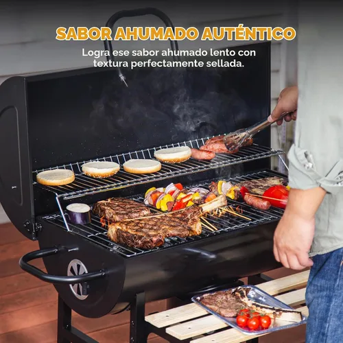 Vista 4 de MASTER COOK Parrilla de carbón de barril con estante frontal plegable de madera, 686 pies cuadrados área de cocina al aire libre, termómetro