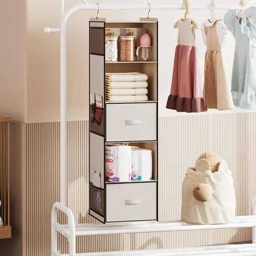 Vista 6 de YOUDENOVA Organizador colgante de armario, estantes colgantes de armario de 5 niveles con 6 bolsillos laterales y 2 cajones, color beige