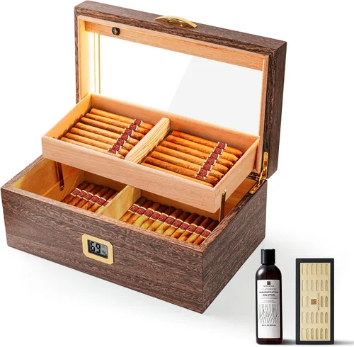 Vista 9 de Woodronic Humidor de puros para 80 unidades con higrómetro digital, bandeja y divisores forrados de cedro español, humidificador de gel de cristal