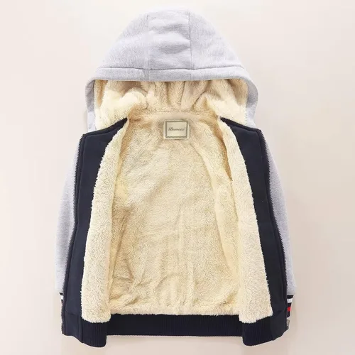 Vista 4 de Funnymore Chaquetas con capucha para niño, sudadera con cremallera y forro polar Sherpa con capucha para otoño e invierno, abrigo para exteriores