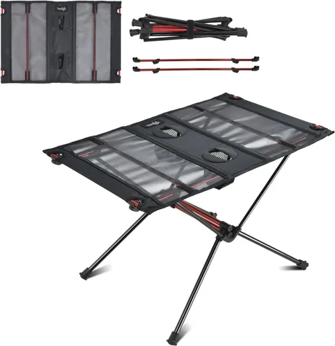 Vista 4 de Tentock Mesa de camping compacta y plegable, mesa auxiliar ligera enrollable con soporte para tazas para picnic, campamento, barbacoa, al aire