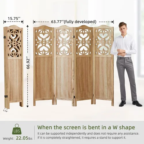 Vista 8 de Divisor de habitación de 4 paneles de madera tallada de 5.6 pies de alto, pantalla de privacidad plegable con bisagras dobles, divisor de división