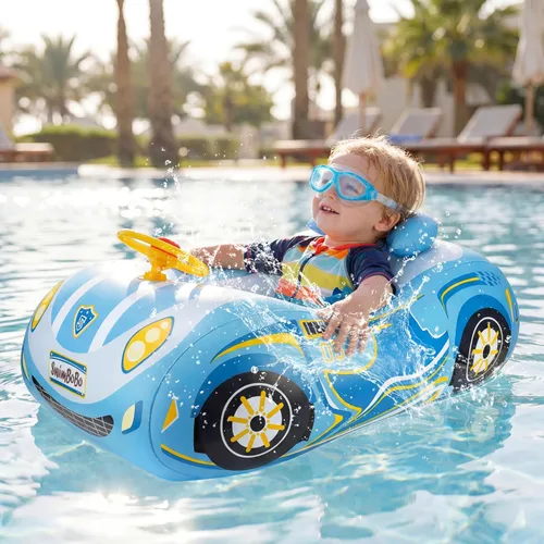 Vista 5 de Flotador de piscina para bebé, diseño de coche de policía, flotadores inflables para niños pequeños de 1 a 3 años, flotadores de piscina para niños