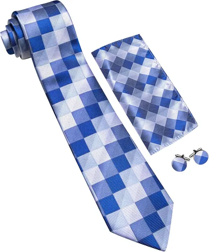 Vista 161 de Barry.Wang Juego de corbatas a cuadros para hombre con pañuelo gemelos de rayas clásicas