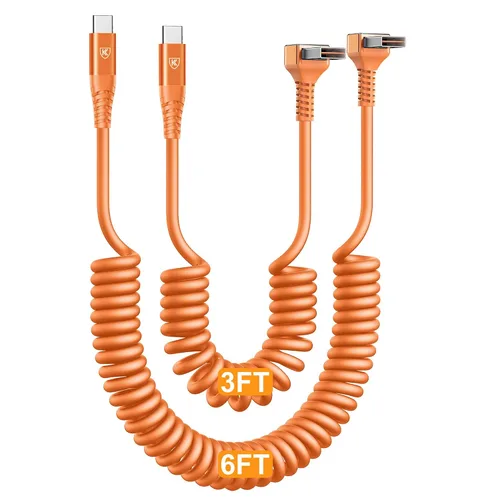 Vista 17 de Cable USB A a USB C de 90 grados, paquete de 2 cables USB tipo C en espiral de 3 pies para automóvil, cable de carga rápida USB-C compatible