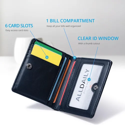 Vista 4 de Alldaily Pequeña cartera RFID para mujer, delgada, compacta, plegable, con bolsillo, mini monedero de viaje para mujer, Negro -, Compacto