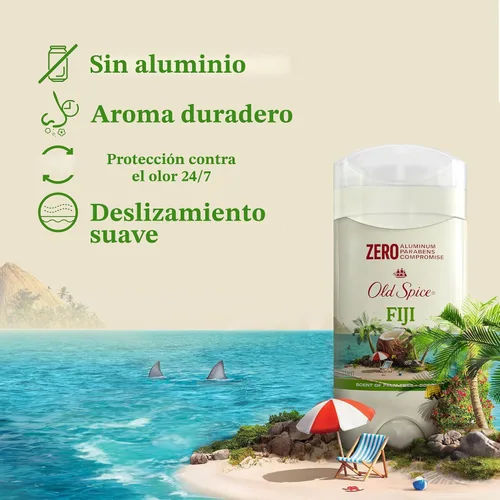 Vista 2 de Old Spice Desodorante sin aluminio para hombres, frescura de larga duración 24/7, protección contra el sudor y el olor 24/7, desodorante Fiji