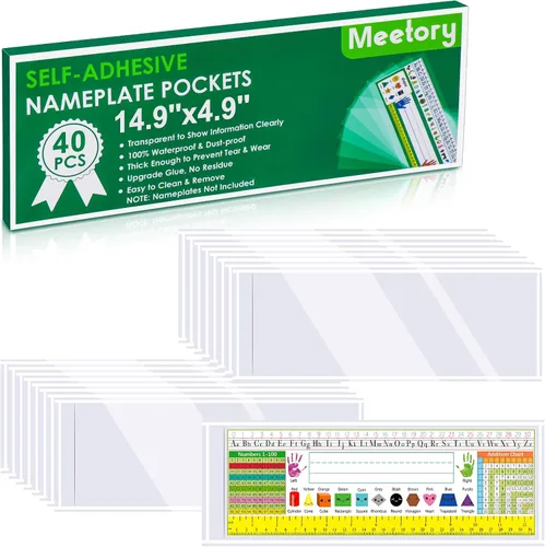 Vista 9 de Meetory 40 PCS Bolsillos Mejorados para Placa de Identificación, 18.5" x 4.9" Placas de Identificación de Escritorio Autoadhesivas con Bolsillo