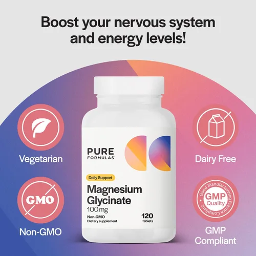 Vista 3 de PureFormulas Glicinato de magnesio 100 mg de apoyo diario para el estrés, nervios, sueño, músculos, metabolismo, suplemento de glicinato de magnesio
