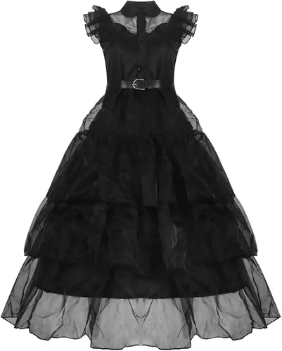 Vista 3 de Poboola Wednesday Addams - Disfraz de vestido para niñas con peluca para niños, vestido de fiesta de patinador acampanado para miércoles, cosplay