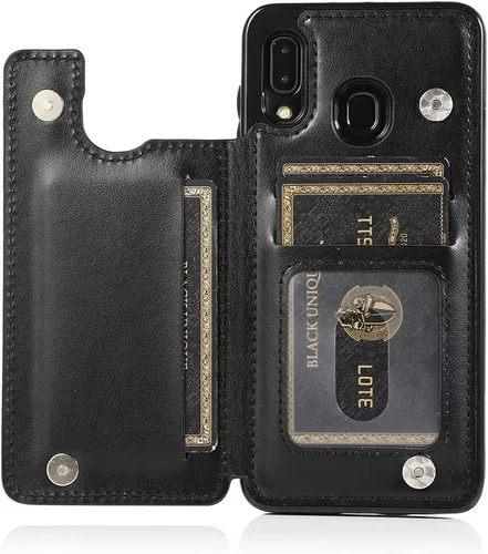 Vista 4 de Funda de teléfono para Samsung Galaxy A20 A30 con protector de pantalla de vidrio templado, tarjetero con soporte para tarjetero, soporte para Negro