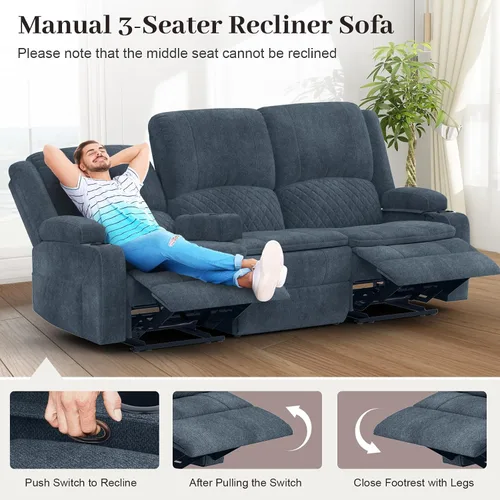 Vista 3 de Yolsali Sofá reclinable, sofá reclinable manual de 3 plazas con cojín de 2 niveles, sofás reclinables para sala de estar con consola removible