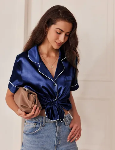 Vista 3 de Ekouaer Conjunto de pijama de satén de seda para mujer, ropa de dormir de dos piezas, ropa de dormir de manga corta, suave, con botones