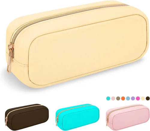 Vista 24 de Iqimott Bolsa Grande de Maquillaje de Nylon, Neceser de Viaje, Bolsa Grande de Cosméticos Preppy, Organizador de Maquillaje de Nylon, Bolsa de Beige