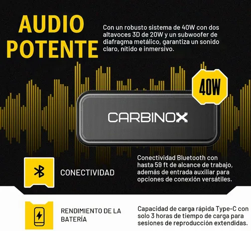 Vista 2 de CARBINOX Altavoz Bluetooth portátil con IPX7 impermeable, carga rápida tipo C, sonido envolvente 3D, rango de 59.1 ft, negro