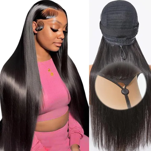 Vista 11 de Mengkai Pelucas de 28 pulgadas de encaje frontal liso de cabello humano, sin pegamento, prearrancadas con cabello de bebé, 13x4 de oreja a oreja