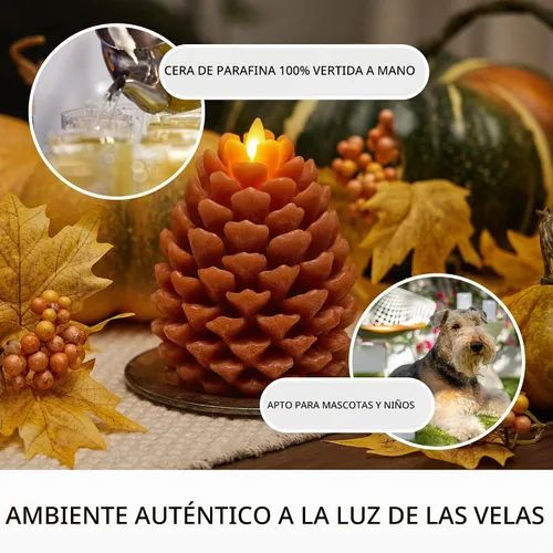 Vista 5 de Luminara Vela sin llama de pino con forma de piña: acabado Adobe con aspecto de tiza, cera real sin perfume, velas LED, funciona con batería