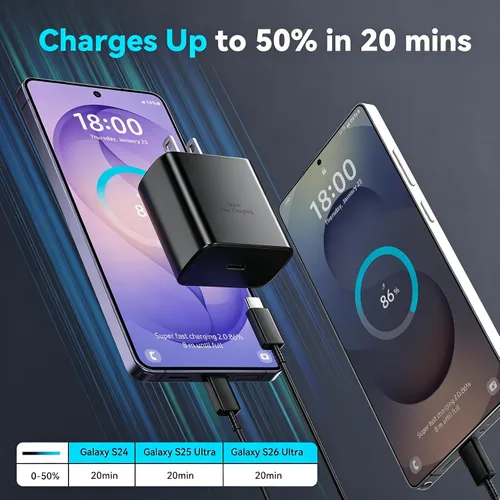 Vista 3 de Cargador súper rápido USB C de 45 W para teléfono Android tipo C, bloque de carga rápida con cable de 5 pies para Samsung Galaxy S26/S26