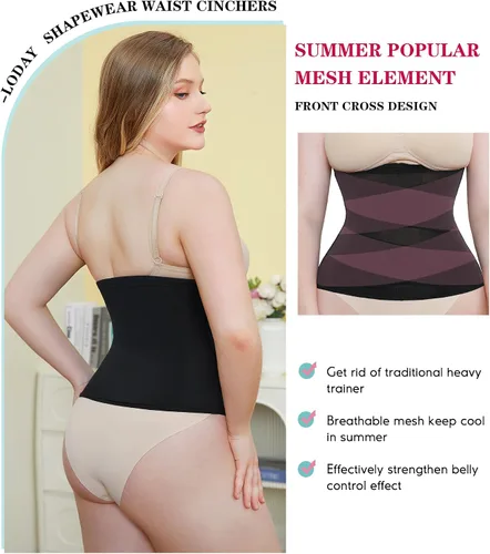 Vista 2 de LODAY Entrenador de cintura para mujer, faja moldeadora de control de abdomen, transpirable, corsé de malla cruzada, faja deportiva