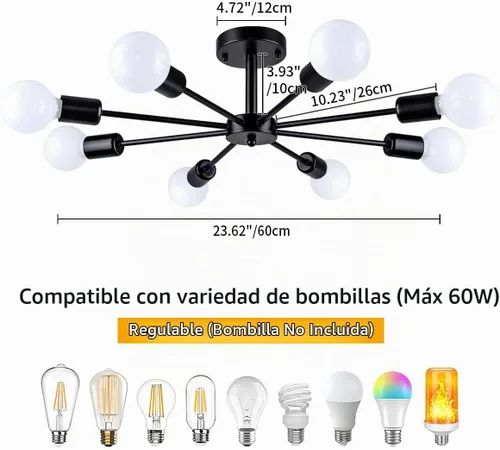 Vista 4 de Lámpara de Techo Semiempotrada de 23.62'', Candelabro Moderno de 8 Luces Negro para Sala de Estar, Candelabro de Luces Sputnik para Dormitorio