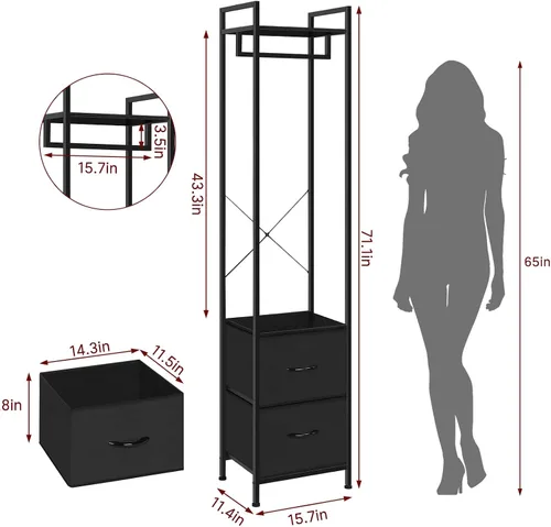 Vista 2 de smusei Perchero resistente de 3 niveles con 2 cajones de tela y estantes de almacenamiento, perchero independiente para dormitorio, entrada, sala