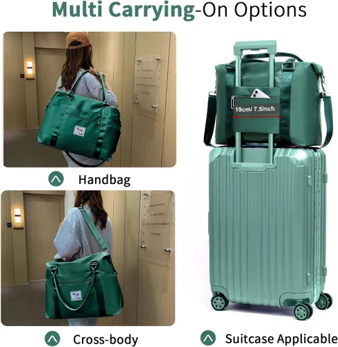 Vista 5 de FIORETTO Bolsa de viaje para fin de semana, bolsas de noche con bolsa de transporte para mujer, Verde oscuro