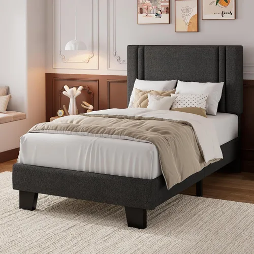 Vista 3 de iPormis Base de cama de plataforma individual con cabecera tapizada de tela y patas gruesas, base de colchón con soporte de listones de madera Gris