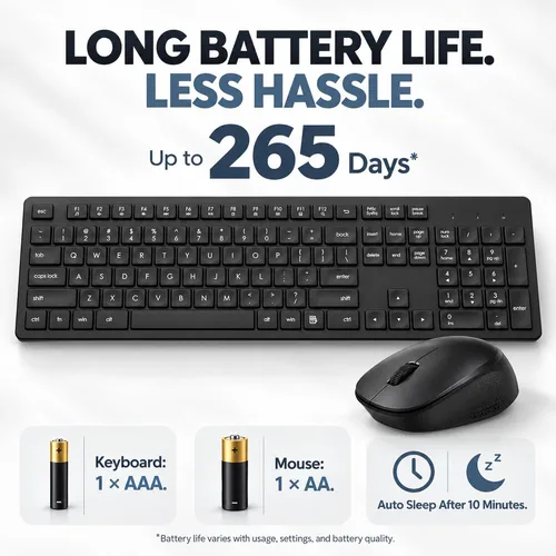Vista 8 de LeadsaiL Combo de teclado y mouse inalámbricos, teclado ergonómico de tamaño completo para computadora, teclado inalámbrico de 2.4GHz, mouse Negro