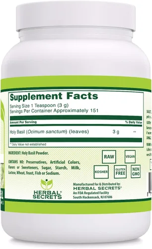 Vista 2 de Herbal Secrets Suplemento en polvo de albahaca sagrada 16.01 oz Suplemento de 0.11 oz por porción Sin OMG Sin gluten Fabricado en Estados