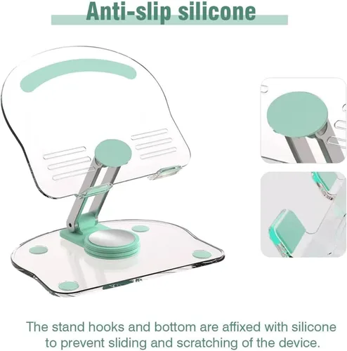 Vista 3 de Soporte acrílico para tablet con base giratoria de 360°, soporte plegable ajustable transparente para escritorio, oficina en casa, compatible