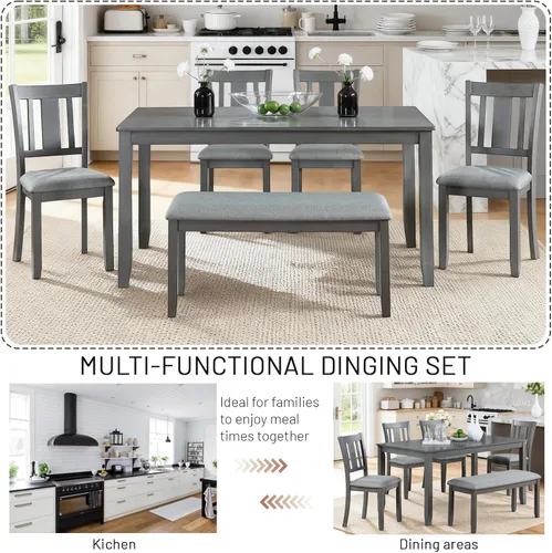 Vista 4 de Elegante juego de mesa de comedor de madera de 6 piezas con 4 sillas de respaldo de listones y un banco, juego de mesa de comedor de cocina para 6