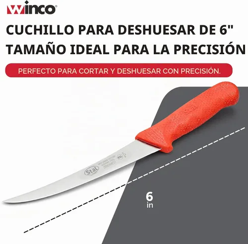 Vista 4 de Winco Cuchillo de deshuesado de acero alemán de grado comercial de 6 pulgadas, curvado, rojo