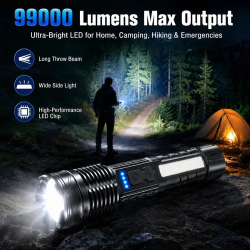 Vista 2 de Linternas LED recargables, 90,000 lúmenes, súper brillantes, linterna de mano con luz de trabajo COB, 7 modos, linterna táctica ajustable IPX6