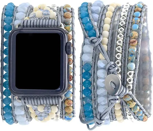 Vista 18 de Correa de reloj de cuerda trenzada con cuentas, estilo bohemio, gira 5 veces, múltiples capas, compatible con reloj Apple Watch de 45 mm, 41 mm, 44