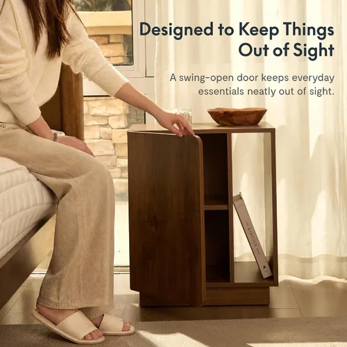 Vista 4 de FLEXISPOT Mid-Century Modern Nightstand with Charging Station, Walnut, Left