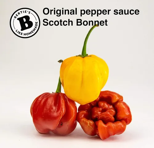 Vista 5 de Bertie's Salsa de pimienta original (10 onzas/10.1 fl oz), gran sabor y calor, hecha con pimientos amarillos frescos de Trinidad Moruga Red y Scotch