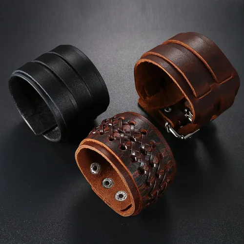 Vista 2 de OIDEA Assorted 3pcs Mens Punk Multistrand Leather Braided Bangle Cuff Bracelet for Biker Dad Father Size Adjustable