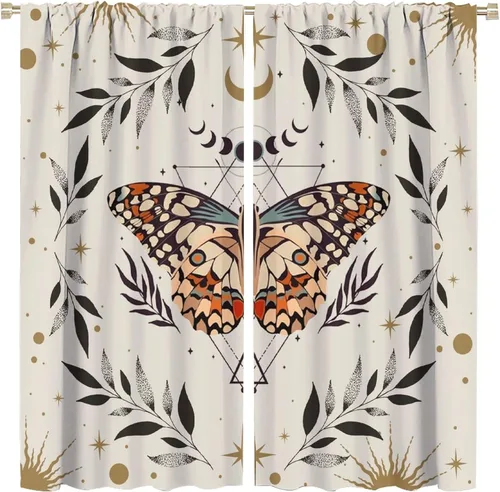 Vista 32 de Cortinas de mariposa de fantasía, polilla, sol, luna, estrella, arte floral, estampado floral, bolsillo para barra, cortinas opacas para ventana