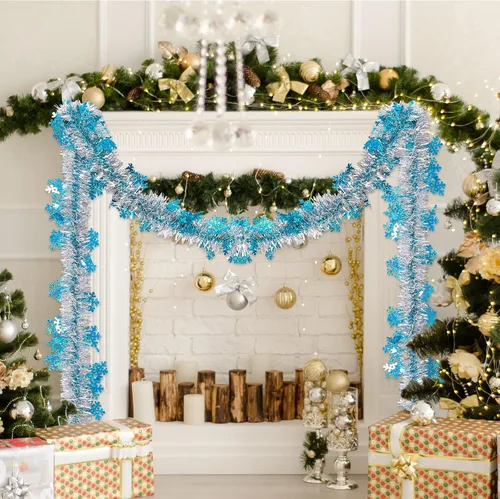 Vista 7 de AnyDesign Guirnalda de oropel de Navidad de 32.8 pies, color azul plateado metálico con copos de nieve para árbol de Navidad, aula, oficina, fiesta