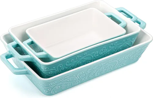 Vista 4 de Okllen Juego de 3 cazuelas para horno, platos de cerámica para hornear con asas, sartén rectangular para lasaña para hornear, asar, gratinar, regalo