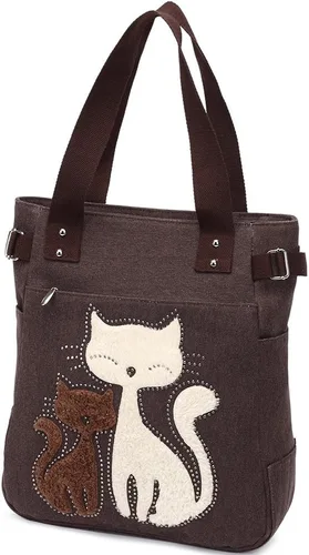 Vista 3 de KAUKKO Women Canvas Handbag Shoulder Bag Cat Big Tote Bag