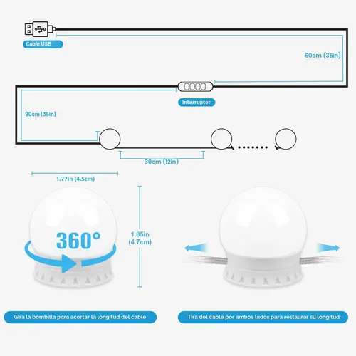 Vista 2 de Luces LED de tocador para espejo, luces de tocador adhesivas con 10 bombillas regulables, 3000K 4000K 6500K y 10 niveles de brillo ajustable, cable