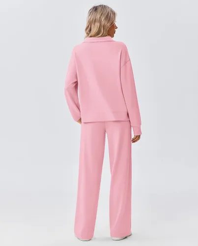 Vista 2 de PINSPARK Conjunto de 2 piezas para mujer con cremallera de 12, sudadera de ajuste holgado, pantalones de pierna recta, traje a juego para otoño