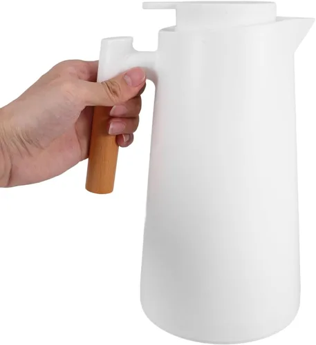 Vista 4 de Yardwe Jarra térmica de doble pared aislada al vacío con mango de madera, pequeña jarra aislada para bebidas calientes o frías, mantiene caliente