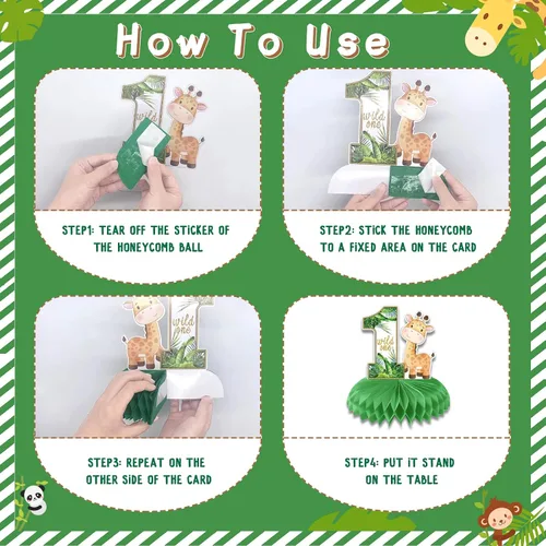 Vista 4 de 10 centros de mesa de panal Wild One, decoraciones de cumpleaños para niños y niñas, centros de mesa de safari para mesas 3D de doble cara para baby